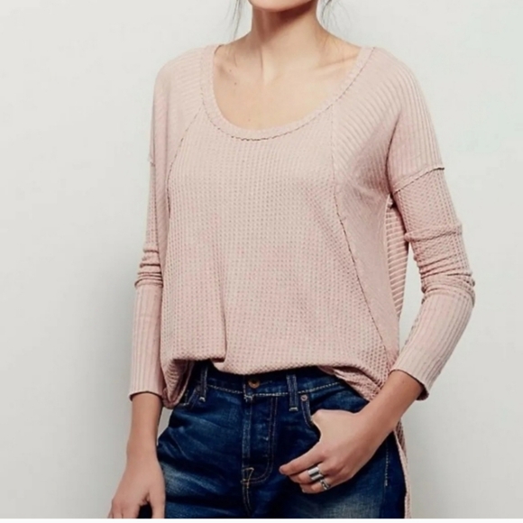 Free People Faded Rose Pink Drippy High Low Tunic Thermal Knit Top - Picture 11 of 12